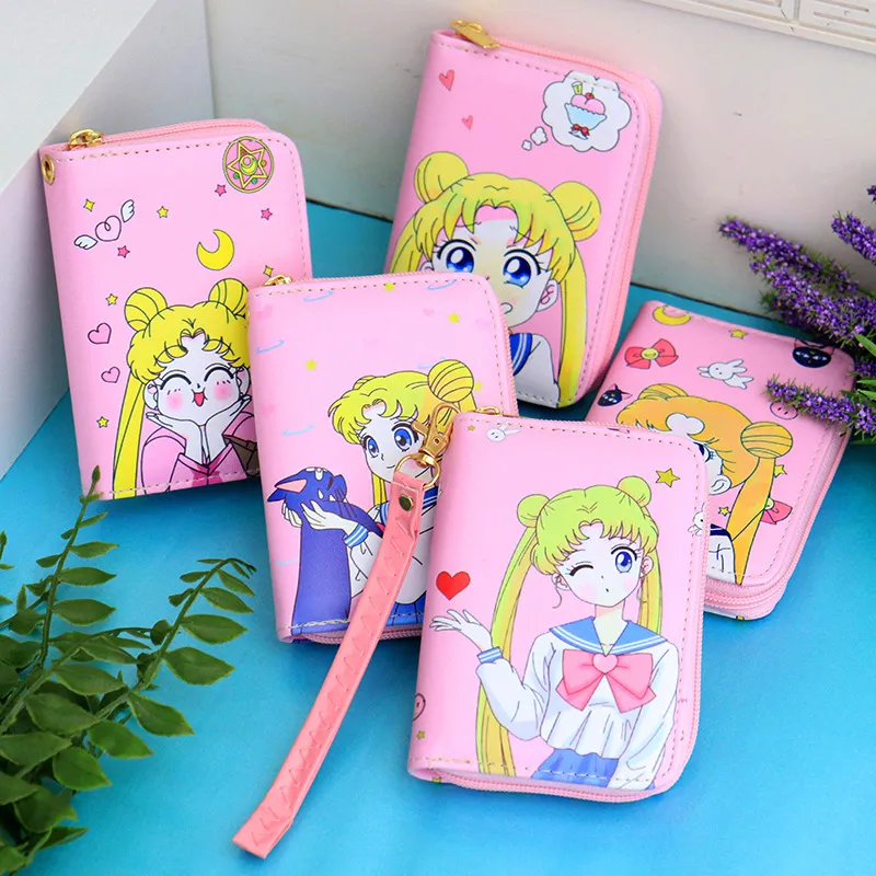 Mini Cartoon Anime Girl Wristlet Wallet – Cute Short Zipper Coin Purse with Handle, Portable Small Clutch for Women, Girls & Students